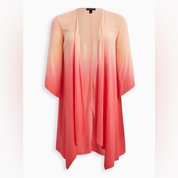 TORRID DRAPE FRONT KIMONO - CHIFFON DIP DYE CORAL - Picture 4 of 13